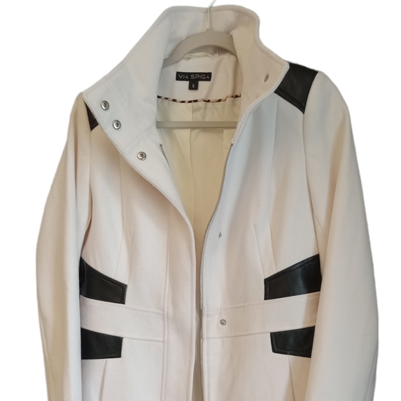 VIA SPIGA Women's White Ivory Faux Leather Stand Collar Coat Size 6 $350 - Picture 7 of 12
